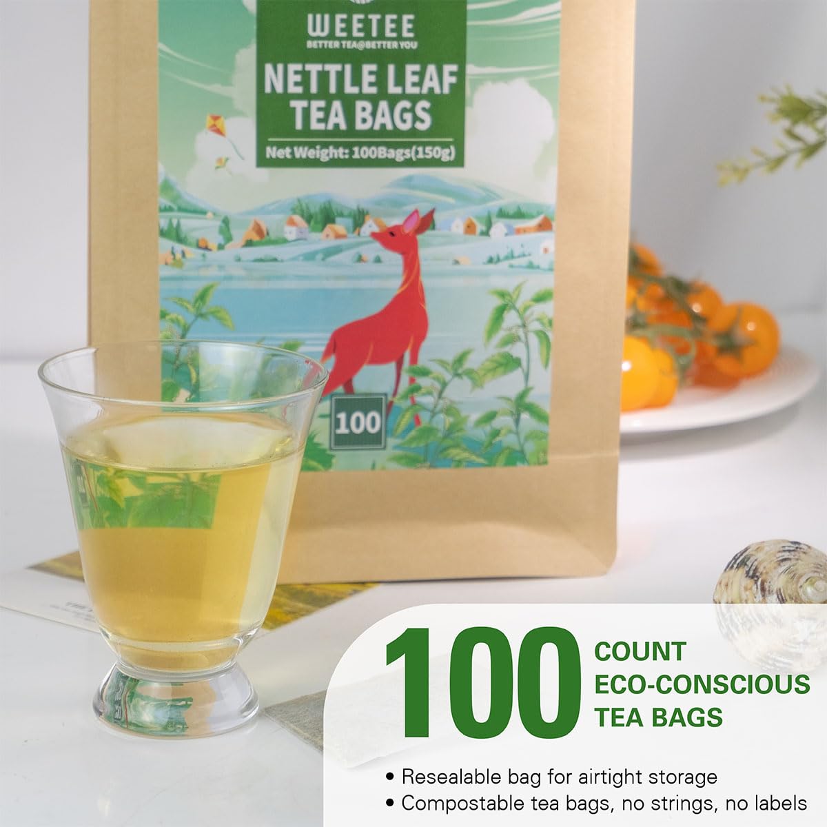 WT WEETEE Nettle Leaf Tea Bags, Made with 100% Pure Stinging Nettle Leaf, Natural Caffeine-free Herbal Tea Rich in Vitamins & Minerals,1.5g x 100 Counts