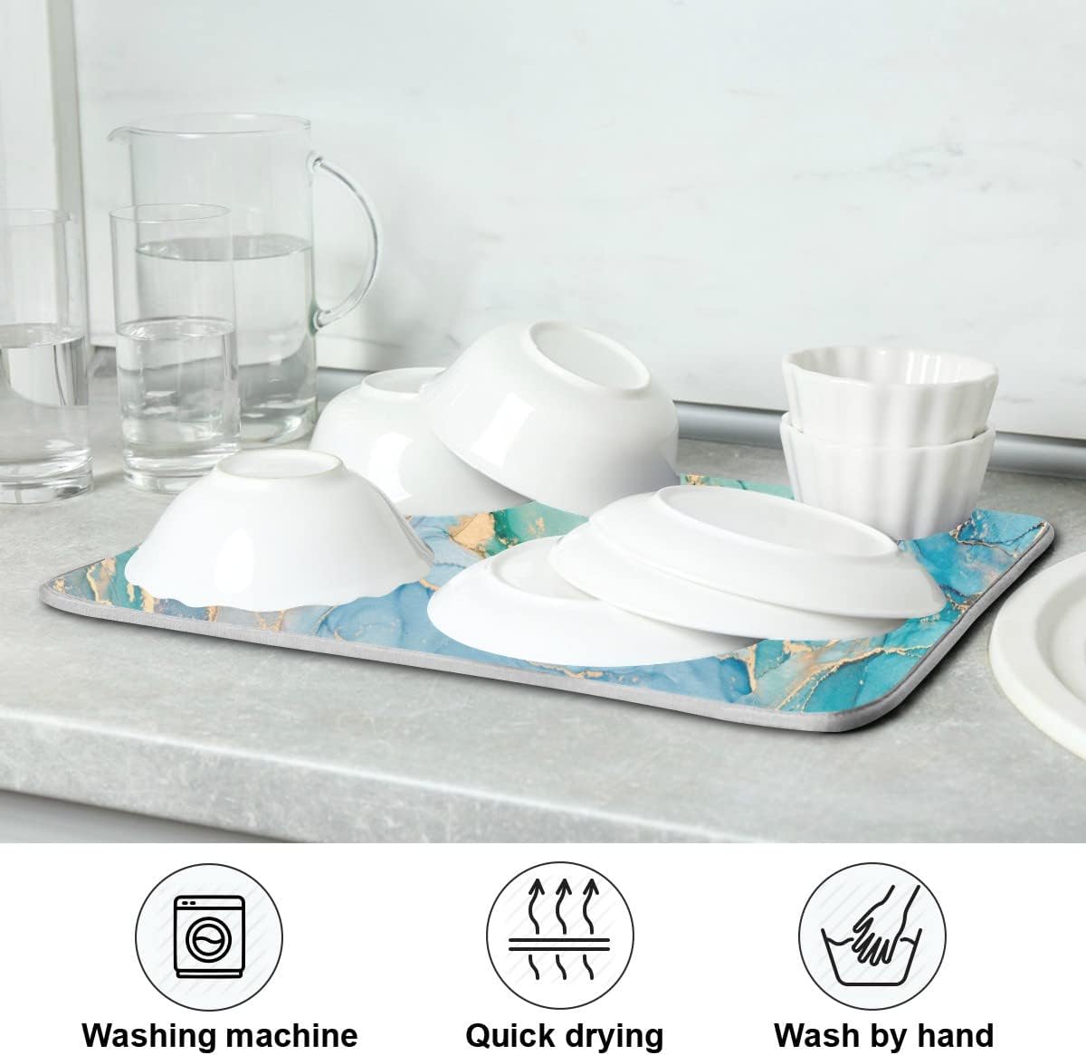 Marble Dish Drying Mat for Kitchen Counter Blue Teal Turquoise Gold Drying Mat 18 x 24 Inch with High Absorbent Reversible Microfiber Dish Drying Pad Dish Rack Pad Drainer Mat for Coffee Bar