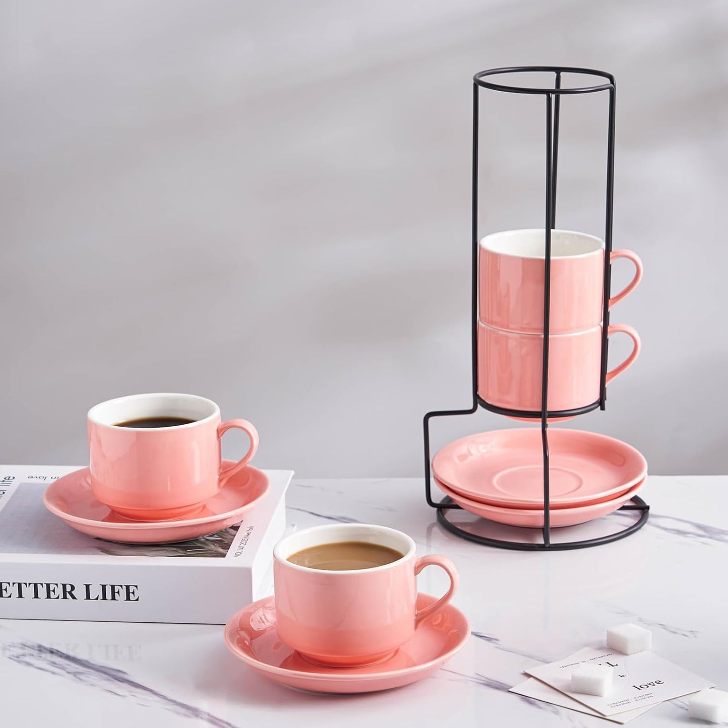YOLIFE 8oz Porcelain Stackable Cappuccino Cups with Saucers and Metal Stand Set of 4, Coffee cups for Espresso, Specialty Coffee Drinks, Latte, Americano and Tea - Pink