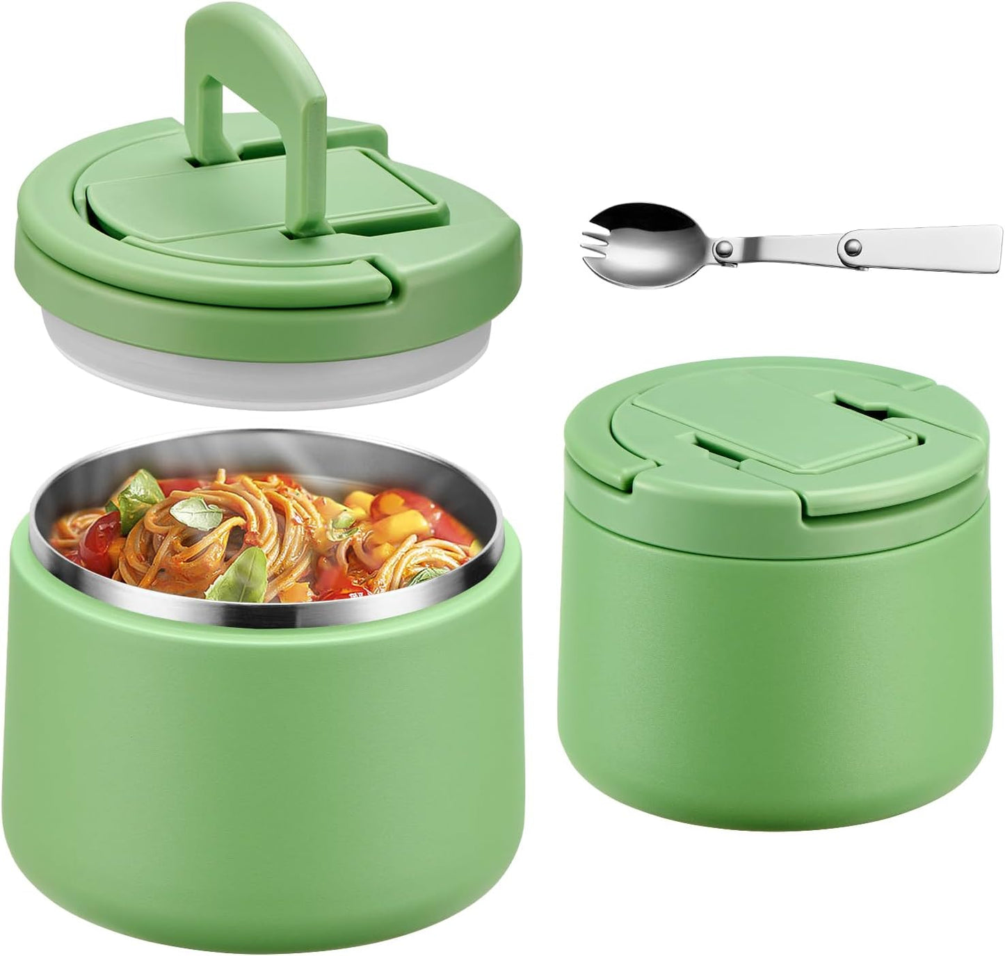 14oz Insulated Vacuum Food Jar with Buckle Lid,Soup Thermo for Hot Food Kids,Wide Mouth Leakproof Stainless Steel Lunch Container with Spoon-Green