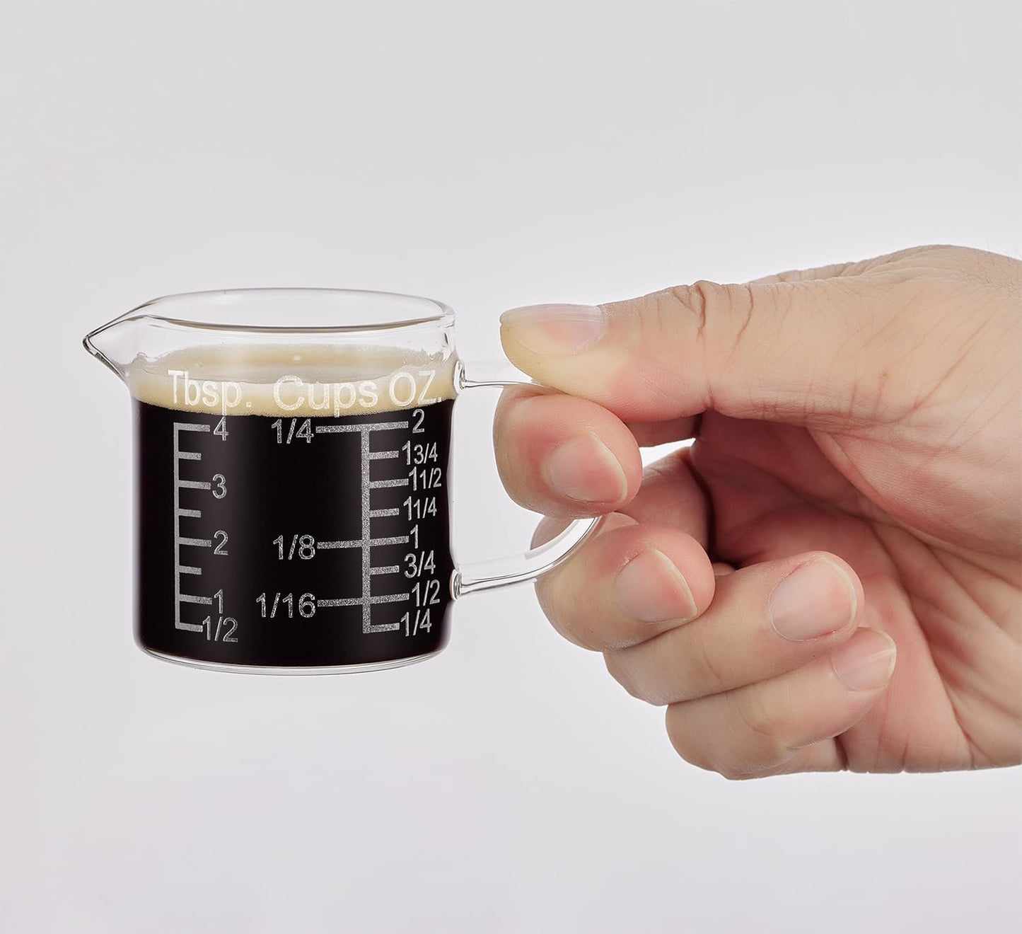 Ackers Etching Scale Measuring Glass -[Insulated handle | V-Shaped Spout]-Made of High Borosilicate Glass Measuring for Kitchen or Restaurant, Easy to Read, 60 ML (2 Oz) 丨(2 Pack)