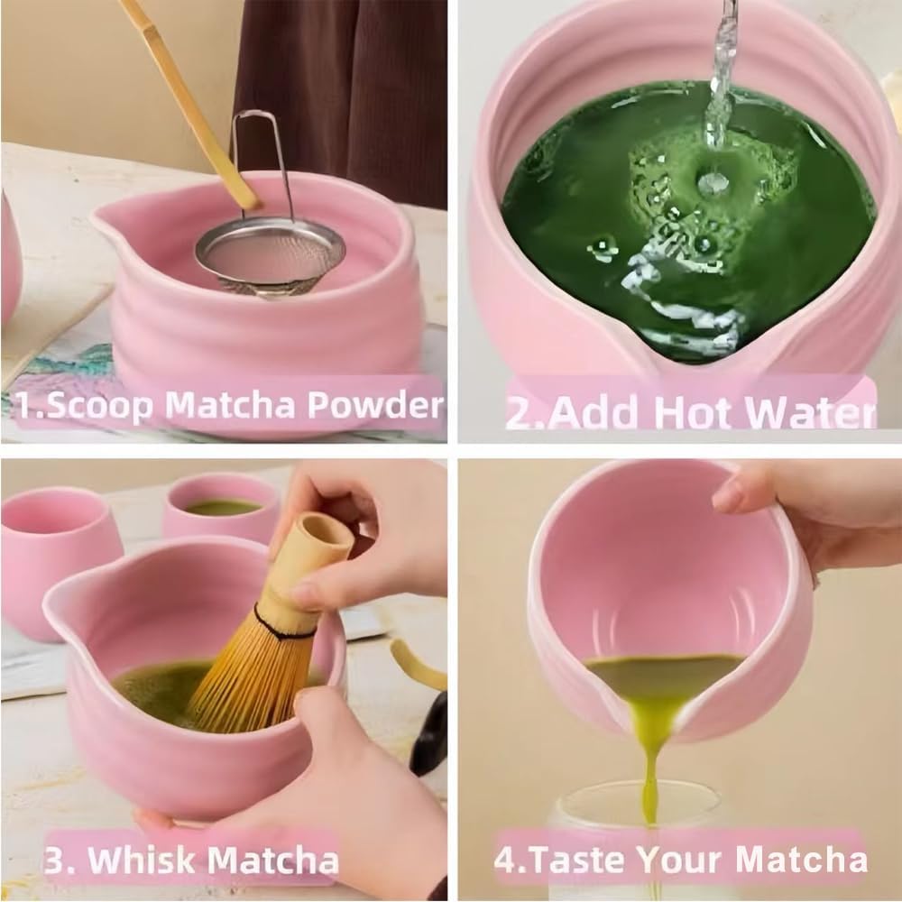 Cute Pink Matcha Whisk Set of 5 for Matcha Tea,Matcha Powder Kit（Bowl with Spout+bamboo Whisk and Holder+Strainer+Scoop）for Macha Starter Making Tools with Small Sifter Sieve Mixer Wisk Chasen Chawan