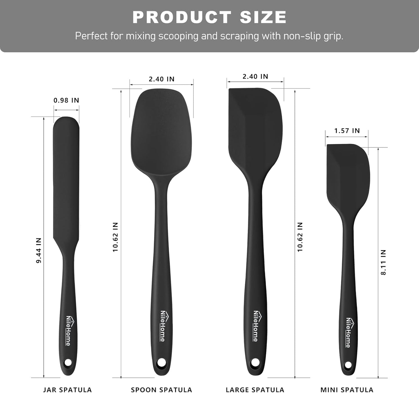 NileHome Silicone Spatula Set, Food Grade Rubber Spatula High Heat-Resistant Premium BPA-Free One Piece Seamless Design Cooking Spatulas Dishwasher Safe BPA-Free 4 pack (Black)
