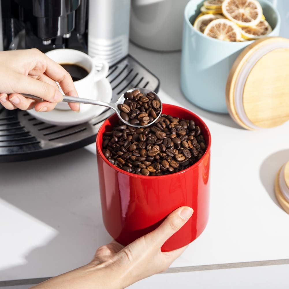 Sweejar Kitchen Canisters Ceramic Food Storage Jar, Stackable Containers with Airtight Seal Wooden Lid for Serving Coffee Bean, Flour, Tea, Spice and More - 39 Fl Oz (Red)