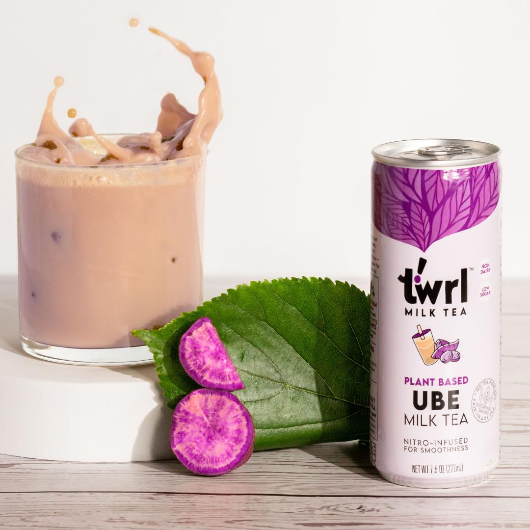 Twrl Milk Tea - Ube Milk Tea Made with Plant-Based Milk, Caffeine-Free, Low Sugar, Organic, Antioxidant-Rich and Nitro-Infused for Smooth Taste - 7.5 Ounce, Pack of 12