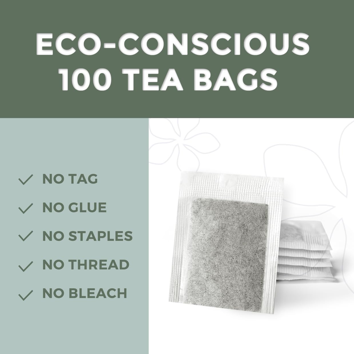 Fescha Organic Jasmine Green Tea Bags Flower-scented Tea (100-count), Eco-Conscious Tea Bags, Packed by Resealable Kraft Bag