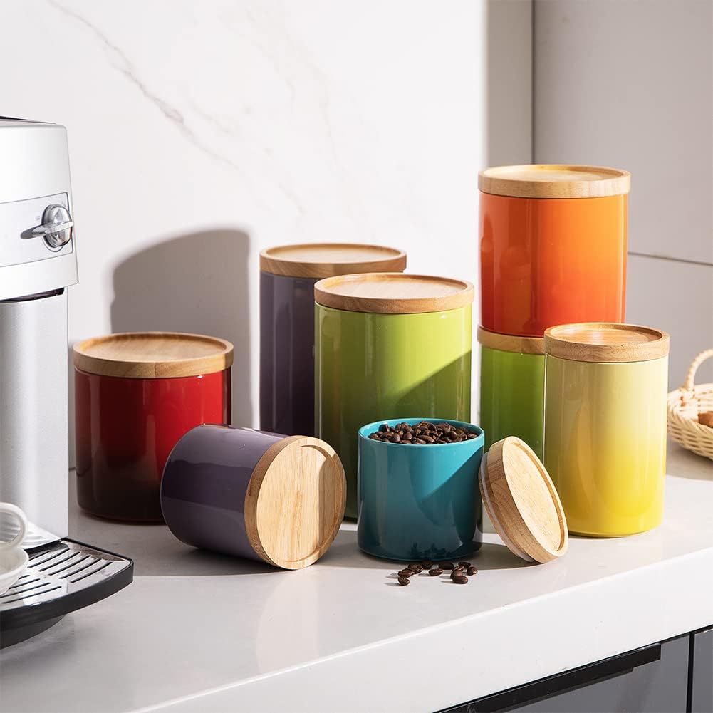 Sweejar Ceramic Food Storage Jar, Stackable Kitchen Canisters, Containers with Airtight Seal Wooden Lid for Serving Ground Coffee, Tea, Sugar, Salt and More - 16 Fl Oz (Gradient Purple)