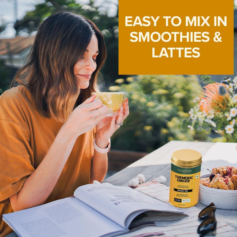 VAHDAM, Golden Milk Powder/Turmeric Ginger Latte Mix (100g, 40 Cups) Caffeine-Free | Powerful Curcumin, Turmeric Powder & Ginger | Brew Hot/Iced Tea