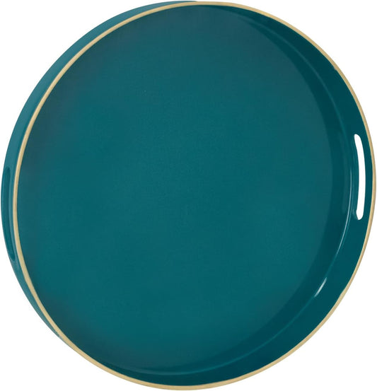 MAONAME 13" Round Tray, Teal Serving Trays with Handles, Modern Decorative Trays for Coffee Table, Plastic Ottoman Tray for Ottoman, Bathroom, Decor
