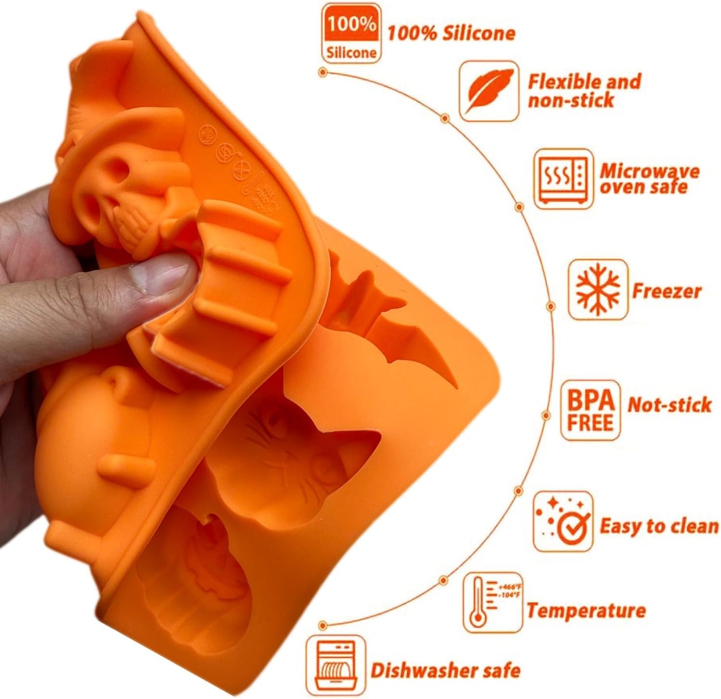 2 Pack Halloween Chocolate Candy Silicone Mold Halloween Molds Ghost Pumpkin Bat Skull Witch Hat Gummy Fondant Baking Mold for DIY Ice Cube Sugar Halloween Party Cupcake Cake Decorating