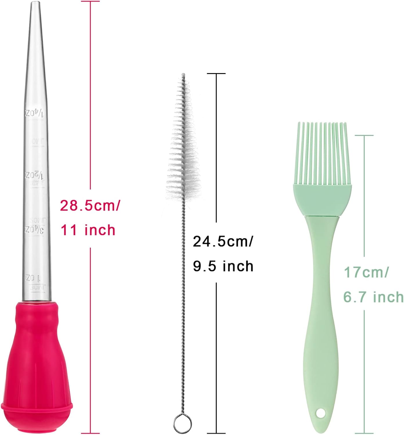 Nylon Heat-resistant Turkey Baster Cooking Set Includes Meat Baster, 1 Silicone Basting Brush and 2 Cleaning Brush for BBQ Grill Baking Kitchen Cooking (7 Pieces, Multicolor)