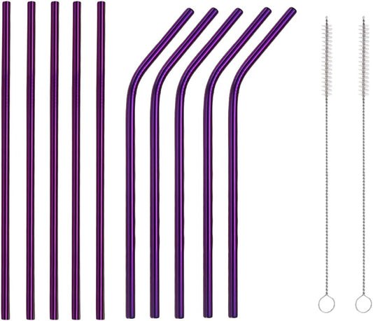 10 Pcs Stainless Steel Straws, Reusable Drinking Straws, 5 Straight + 5 Bent Metal Straws Set With 2 Pcs Cleaning Brushes (Purple, 10.5 Inch)