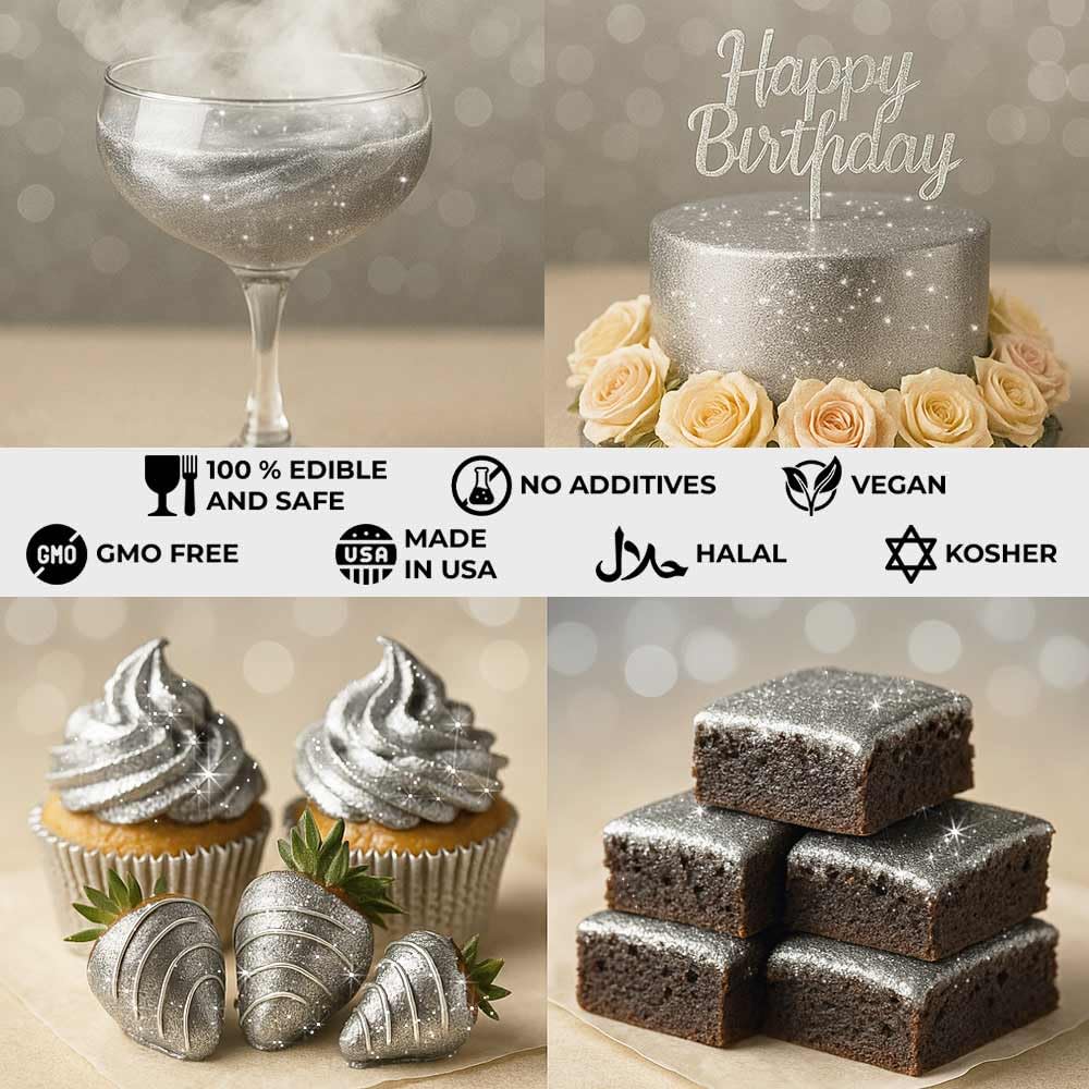 Bulk 20g Silver Edible Glitter for Drinks | Premium Edible Glitter for Cakes, Cocktails, Silver Cake Decorating Decorations Food Grade, Vegan, Kosher, Halal, Gluten Free - Made in USA