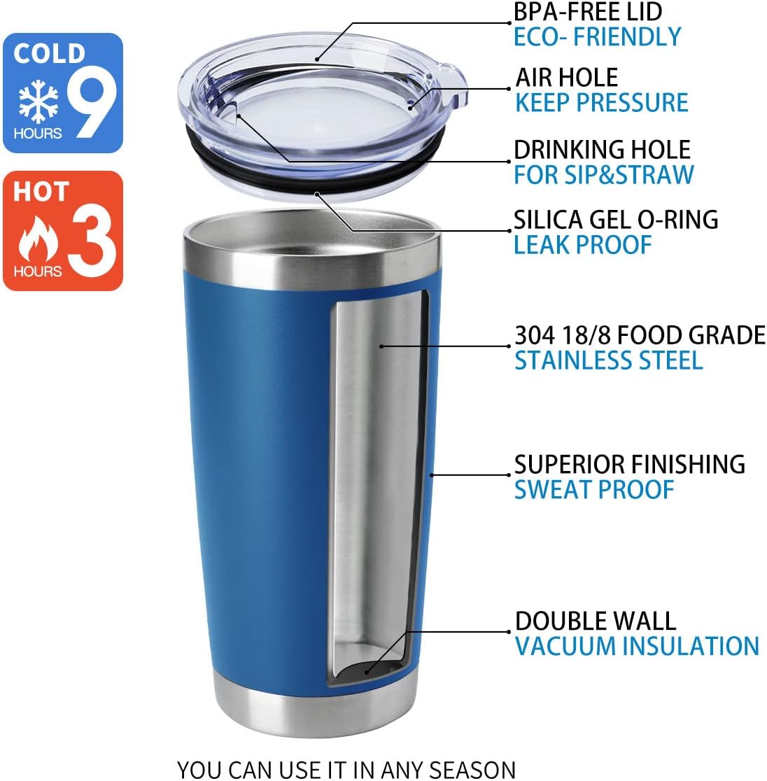 HASLE OUTFITTERS 20oz Tumblers Stainless Steel Mugs with Lid Double Wall Vacuum Insulated Coffee Cups for Cold & Hot Drinks (20oz-Dark Blue, 4 Pack)