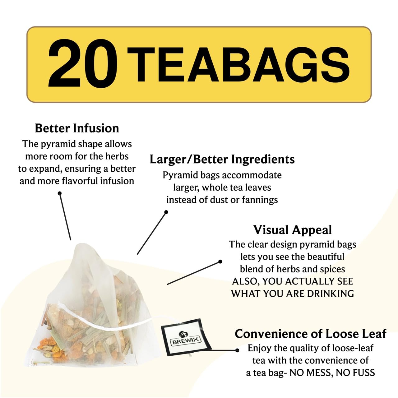 BREWIX, Turmeric Ashwagandha Herbal Tea Bags (20 Pyramid Tea Bags) Real Ingredients From India, Caffeine Free & Naturally Gluten Free | 100% Pure Herbal Blend Packed in Resealable Ziplock Pouch
