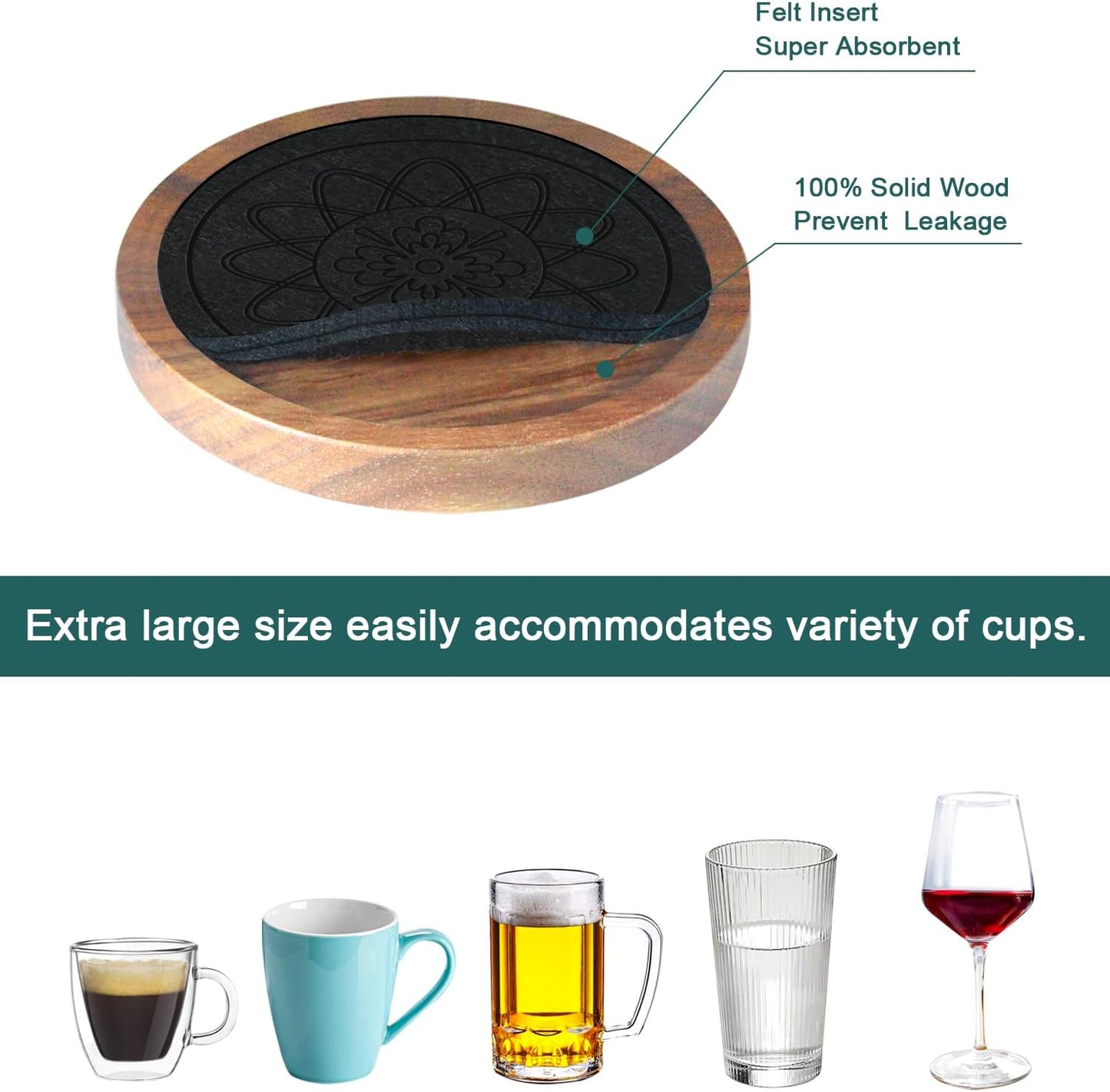 Wood Coasters for Drinks, Minacun Absorbent Coaster Sets of 5, Drinks Coasters for Coffee Tabletop Protection, Non-Slip, Non-Stick, Suitable for Kinds of Cups Wooden Table Drink, 4.3 Inches Black