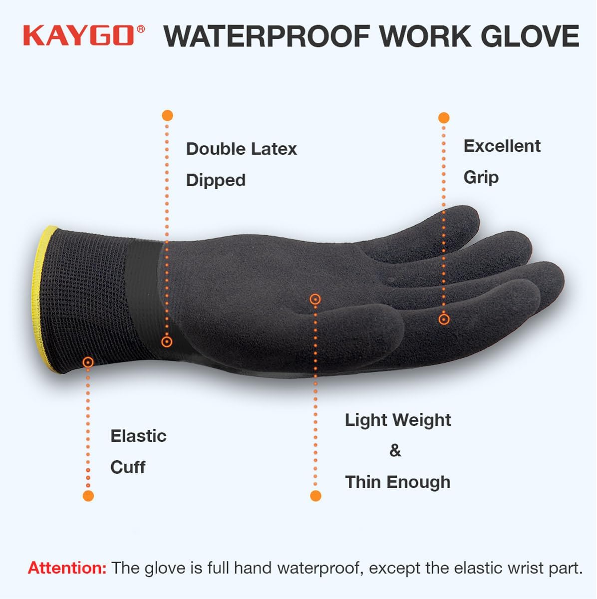 KAYGO Waterproof Work Gloves for Men and Women, Rubber Coated Non-slip Working Gloves for Garden, Outdoor Construction,3 pairs,Black,M