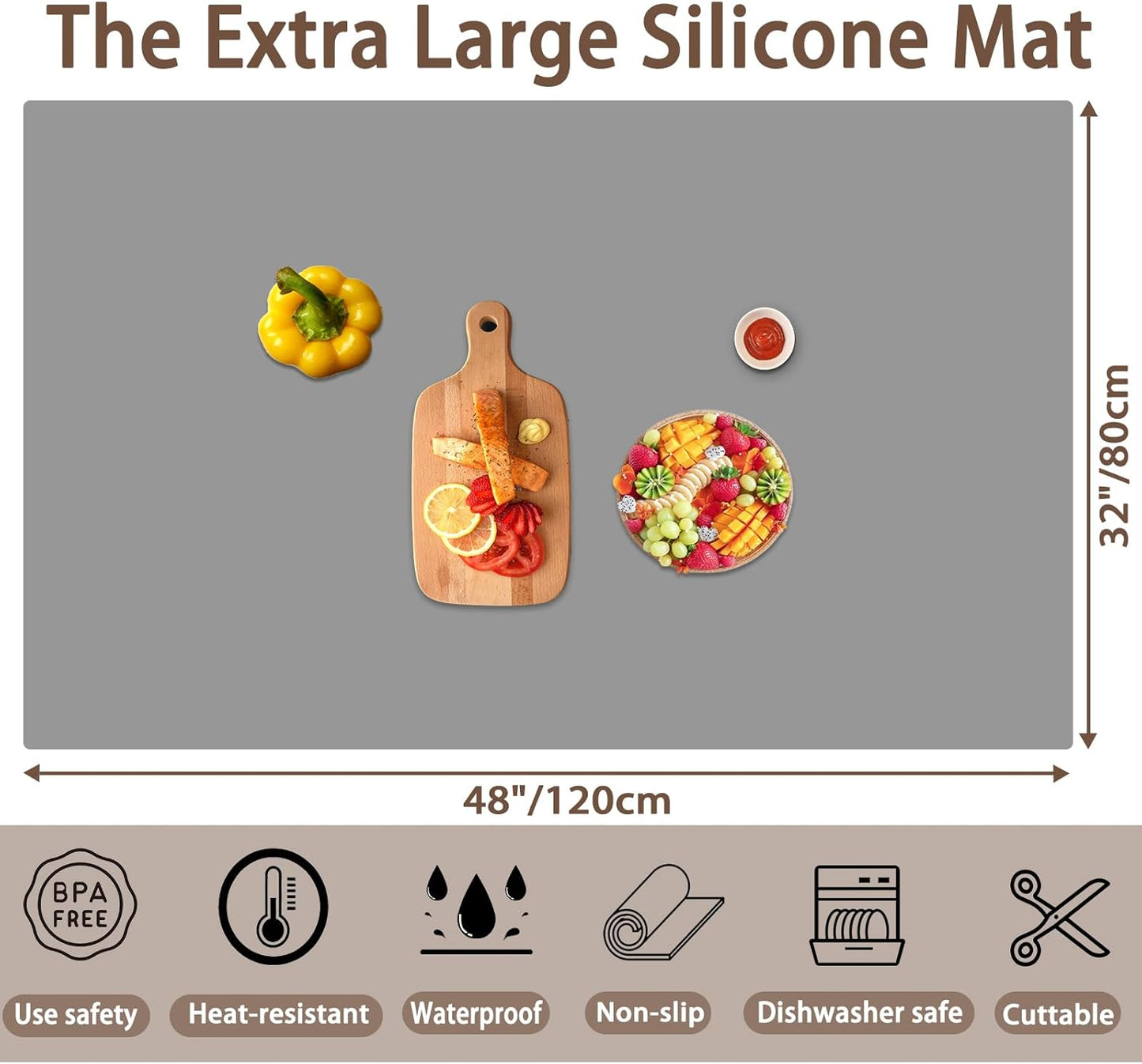 Silicone Mats for Kitchen Counter, 48"x32"(120cmx80cm) Large Heat Resistant Mat Kitchen Island Waterproof Countertop Protector Mat Nons-slip Extra Large Counter Mat, Dark Gray