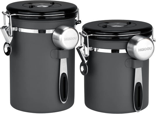 HAIOOU Airtight Coffee Canister, 22OZ +16OZ 2 Piece Stainless Steel Coffee Bean Storage Container with Date Tracker, Measuring Scoop, 6Pcs CO2 Valves, Mini Tongs for Coffee Bean, Grounds - Grey