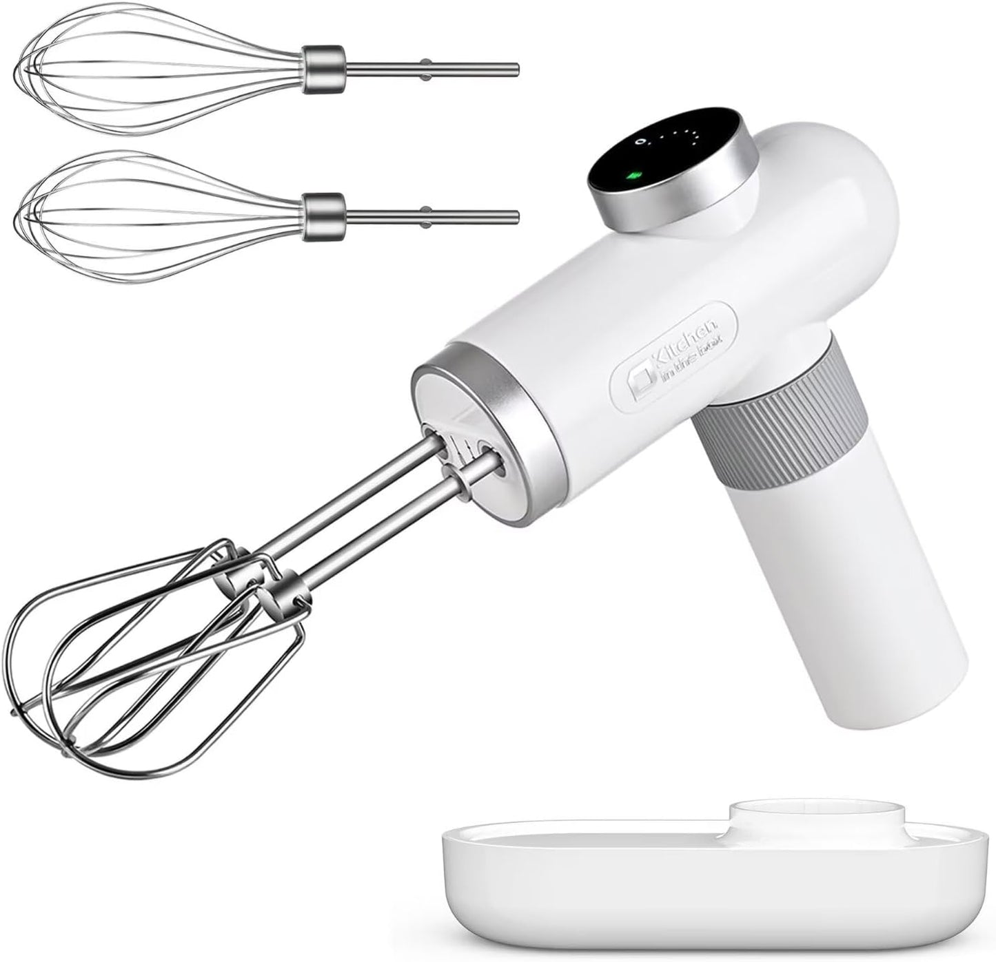 Kitchen in the box Cordless Rechargeable Hand Mixer for Kitchen, Portable Handheld Electric Mixer with Beaters, Whisks, 6-Speed Digital Display, Charging Base and USB-C Charge Cable (Pearl White)