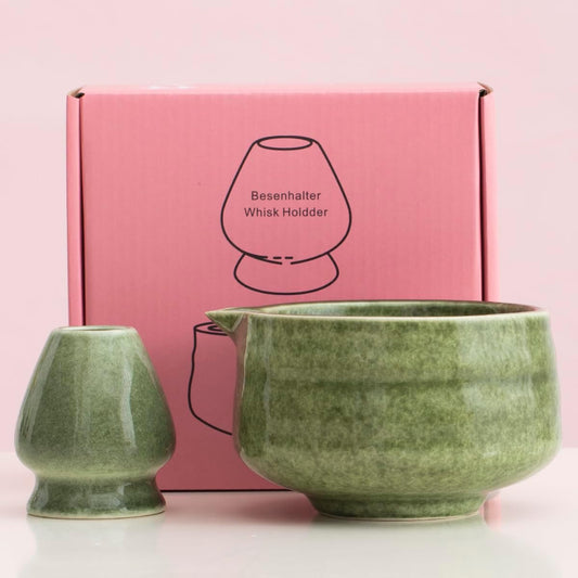 Japanese 2pcs Matcha Bowl, Glazed Ceremonial Matcha Bowl with Whisk Holder for/Matcha Tea