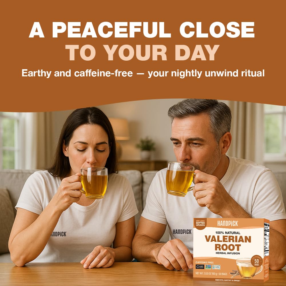 HANDPICK, Valerian Root Tea Bags (Valeriana) 50 Count | Non-GMO, Caffeine Free, Real Ingredients | Earthy/Woody Herbal Tea Bags | Round Eco-conscious Teabags