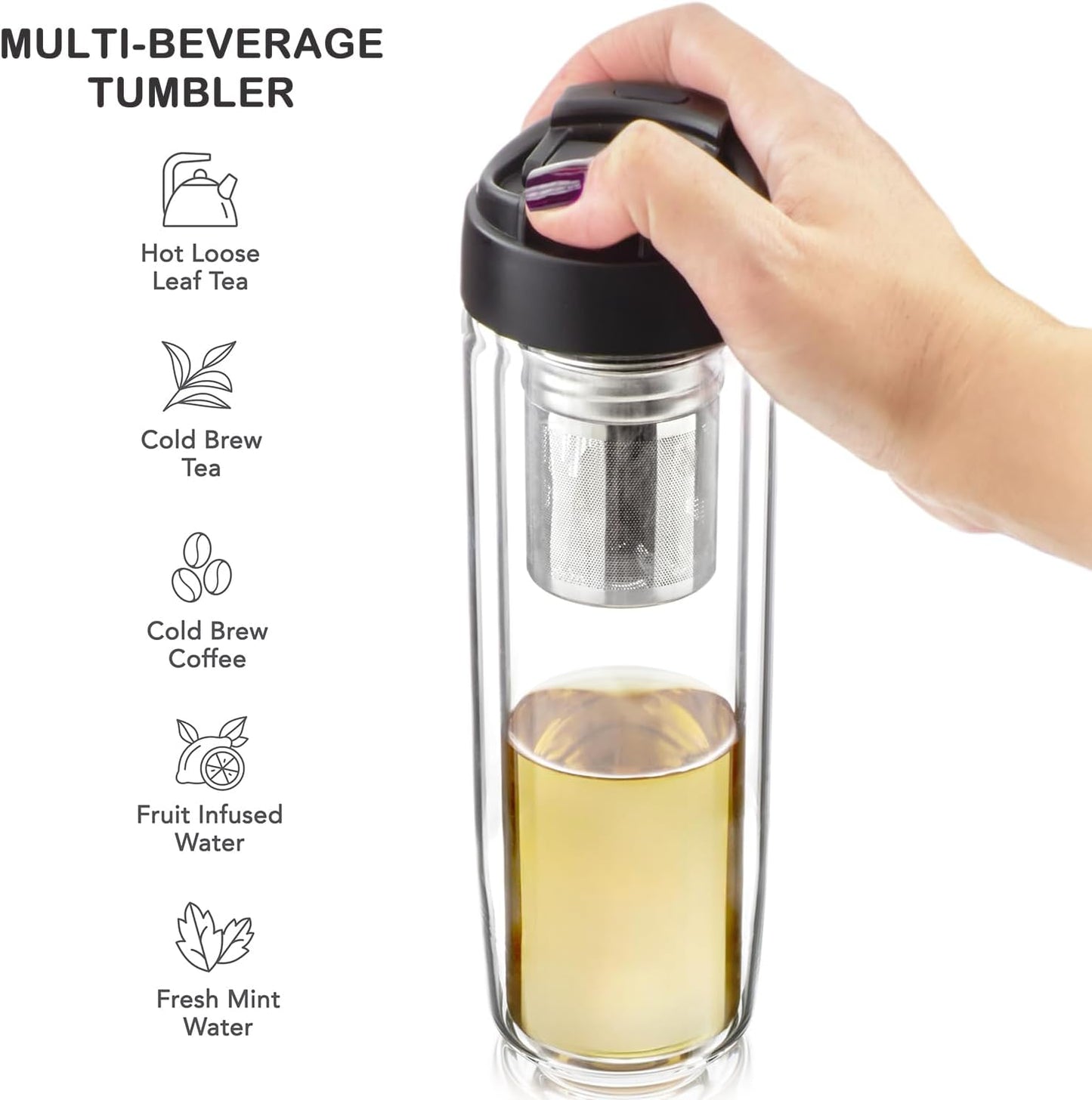 Teabloom Travel Tea Infusing Cup – Insulated Borosilicate Glass Bottle with Magnetic Controlled Infuser and Flip Lid for Hot Tea, Cold-brew Coffee, Fruit Water – The Innovator Tumbler (15oz/450ml)