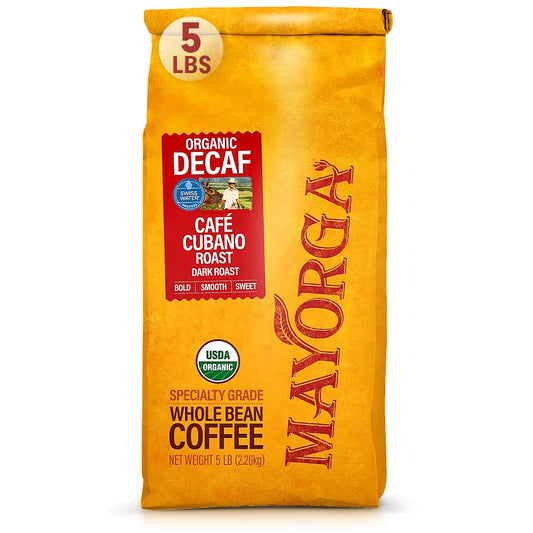 Mayorga Decaf Dark Roast 5lb Bag Cafe Swiss Water Decaffeinated Cubano Roast 100% Arabica Whole Coffee Beans - Smoothest Organic Coffee - Specialty Grade, Non-GMO, Direct Trade