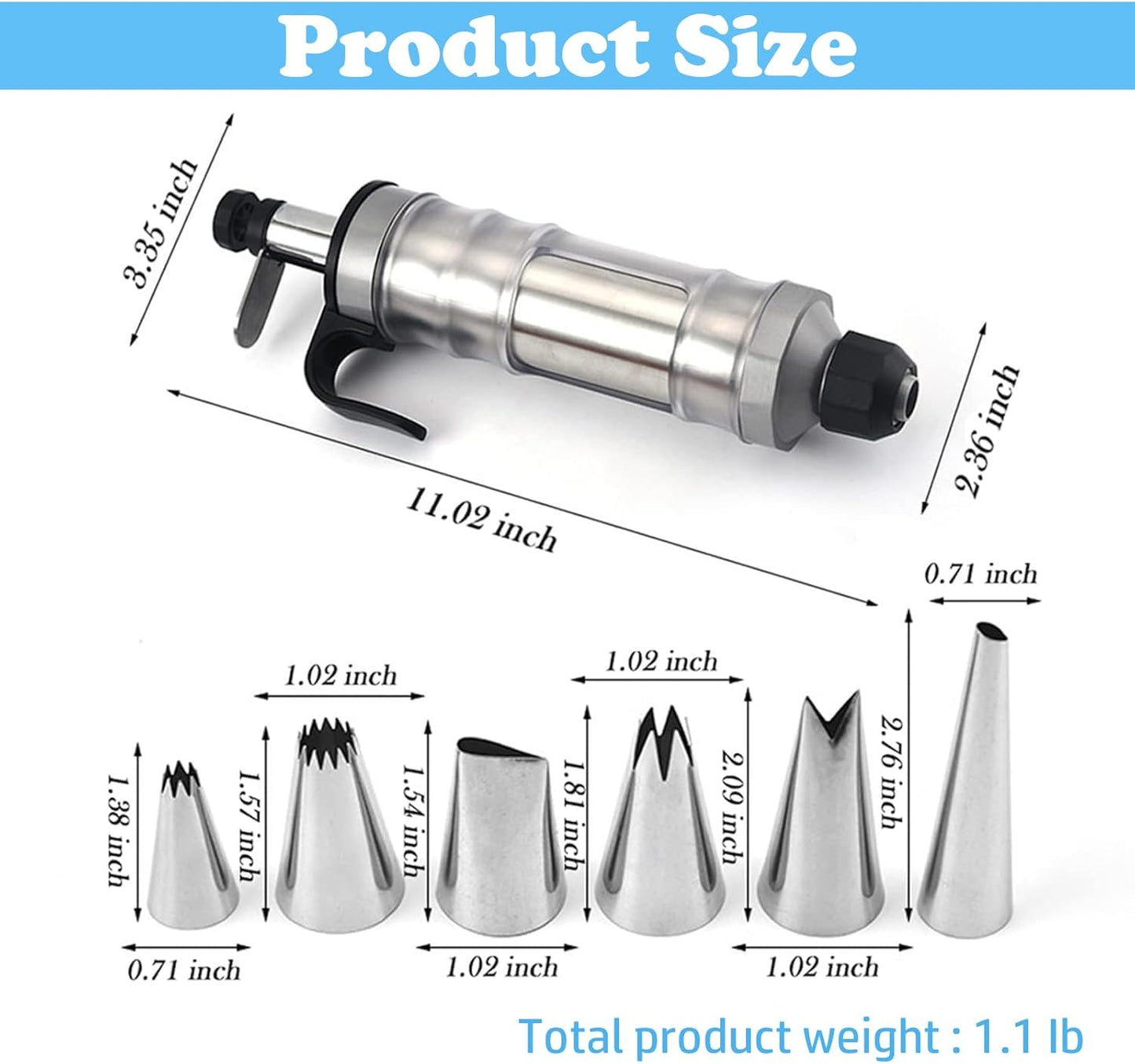 FANTEXY Dessert Decorating Syringe Set, Icing Piping Kit Stainless Steels Cake Decorating Tools 6 Piping Icing Nozzles Cupcake Decorating Kit