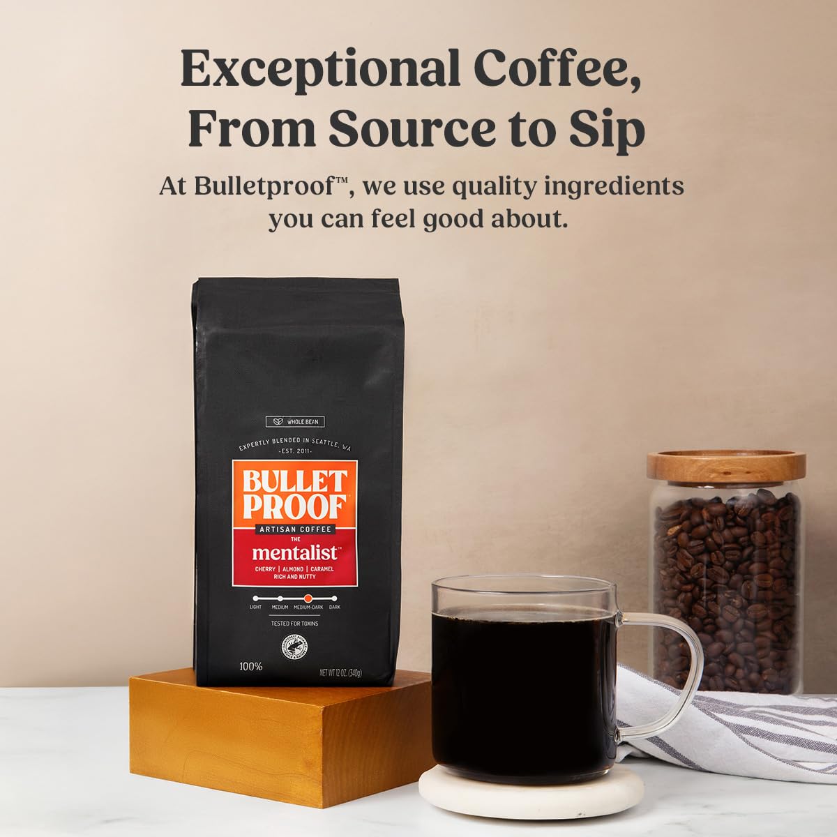 Bulletproof The Mentalist Medium-Dark Roast Whole Bean Coffee, 12 Ounces, Clean Coffee Tested for Toxins, Packaging May Vary