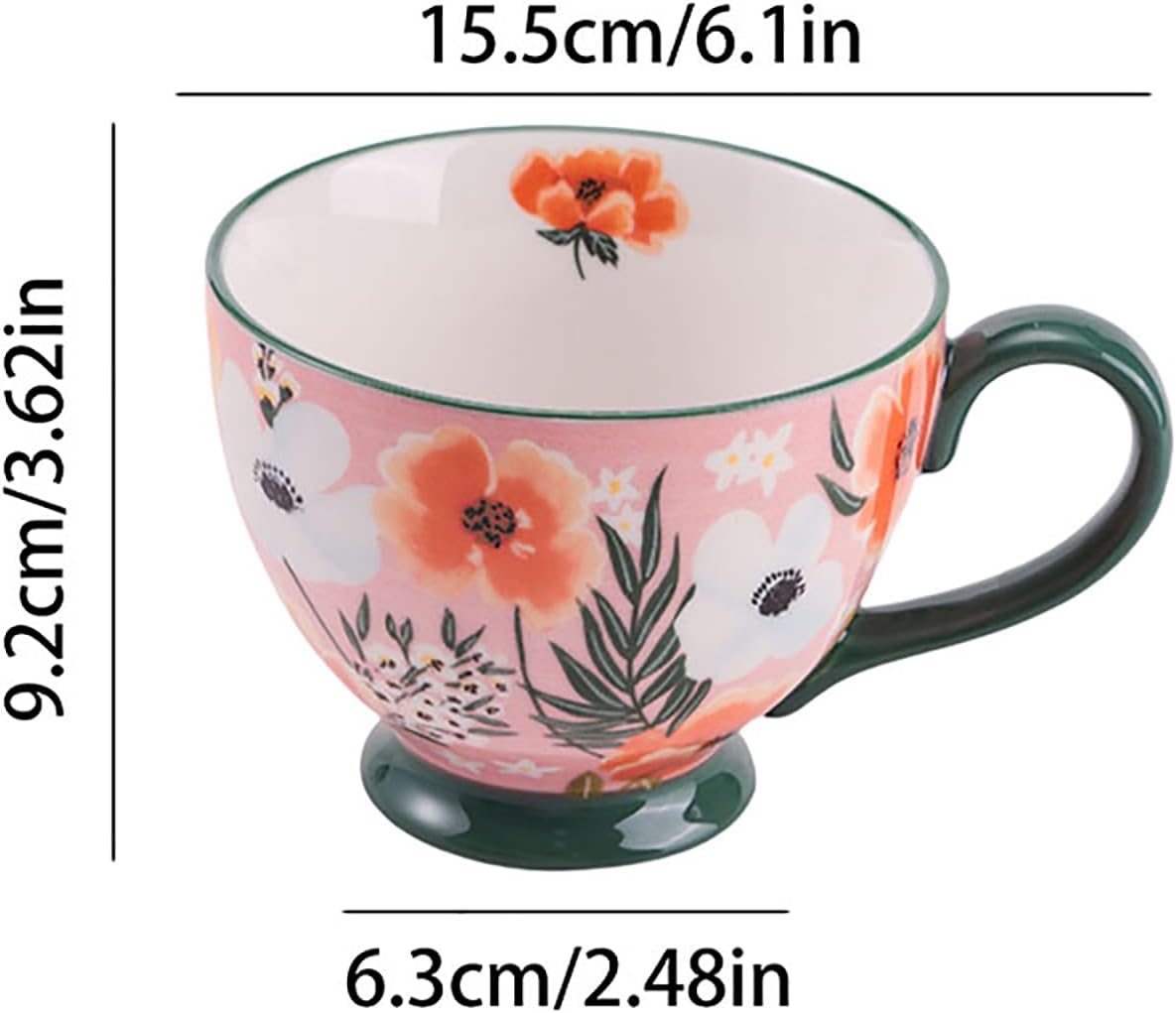 Vintage Flower Mugs – Large Ceramic Coffee Mug (15oz) – Cute Cereal Cup for Breakfast, Oatmeal Tea & Hot Drinks – Handmade Ceramic Cup with Floral Design