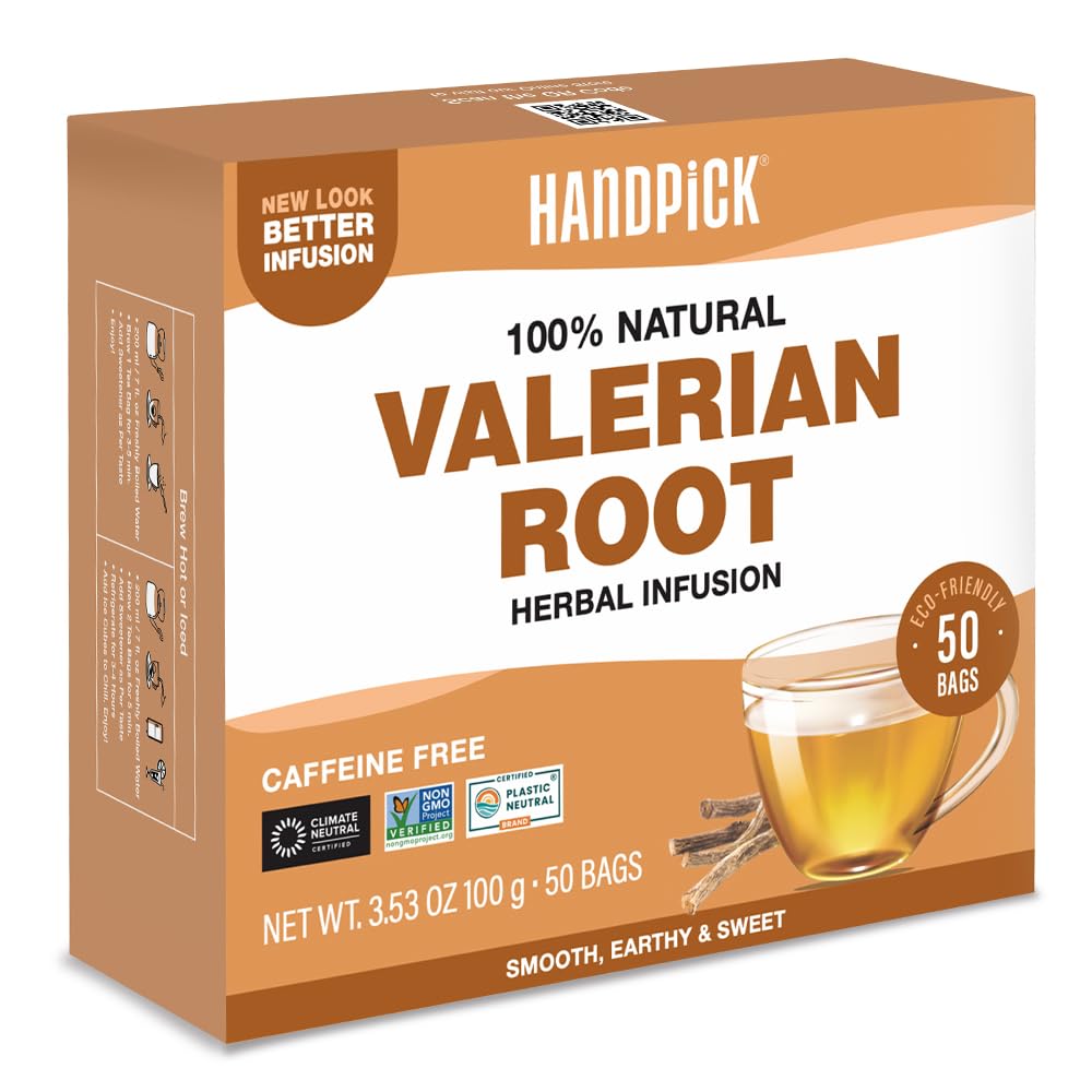 HANDPICK, Valerian Root Tea Bags (Valeriana) 50 Count | Non-GMO, Caffeine Free, Real Ingredients | Earthy/Woody Herbal Tea Bags | Round Eco-conscious Teabags