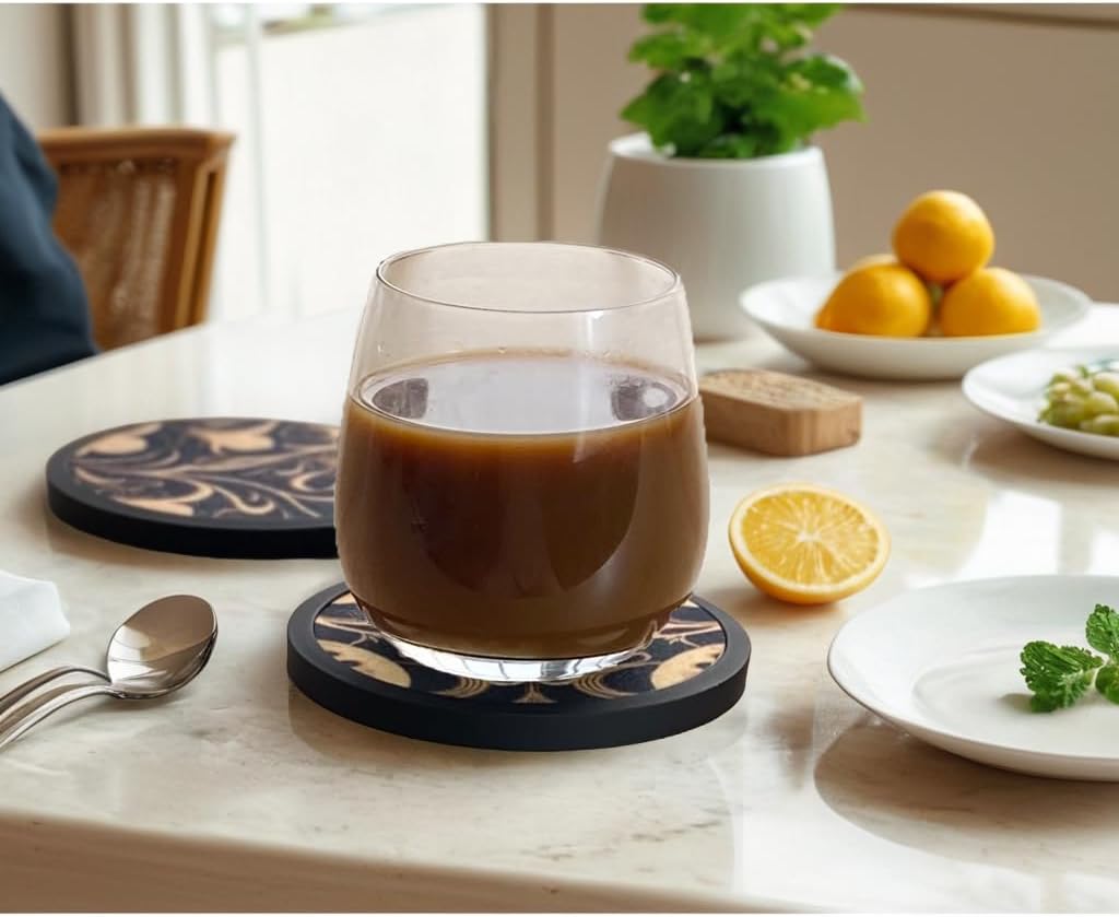 Absorbent Coasters for Drinks with Holder - 6packs, Silicone Coaster with Soft Felt Insert (4.3 inch Coasters with 4.5 inch Holder, Dual-Sided Flower -Themed Patterns)