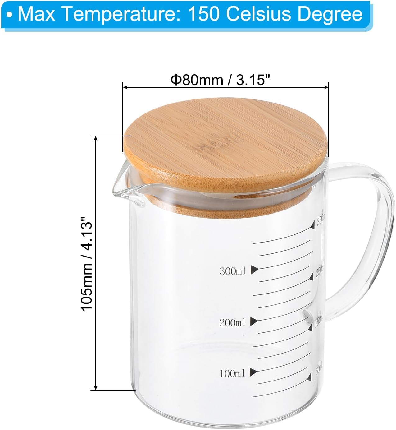 PATIKIL 350ml Glass Measuring Cup, 3.3 Borosilicate Glass Graduated Black Printed Scale Liquid Measure Cups Beaker with Wood Lid and V-Shaped Spout for Kitchen