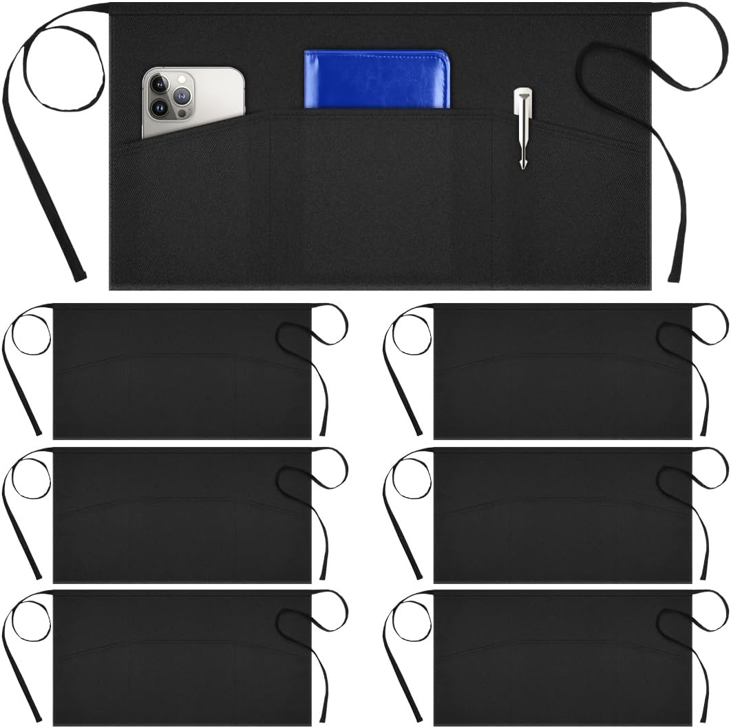 Syntus 6 Pack Server Apron with 3 Pockets, Waterdrop Resistant Waitress Waiter Waist Apron, 11.5-inch Black