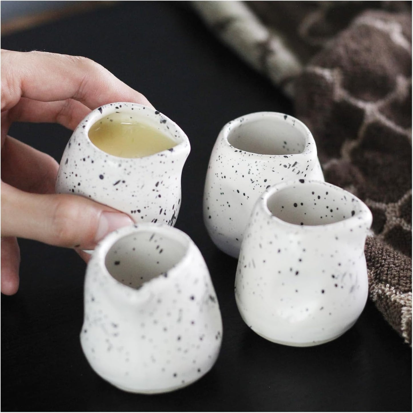 roro Handmade Ceramic Mini Creamer Cups – Set of 4, Dimpled White Matte Speckled Stoneware, 3-Inch Small Pitchers for Coffee, Espresso, Milk, or Sauce