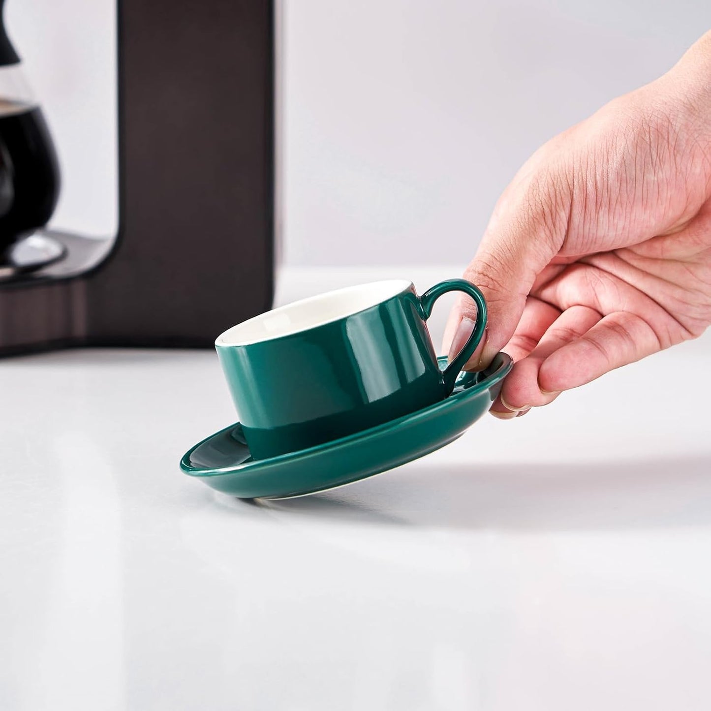 4oz Porcelain Stackable Espresso Cups with Saucers and Metal Stand Set of 4, Stackable Cappuccino Cups, Green Expresso Shots Cup Set for Coffee Drinks, Latte, Americano, Tea