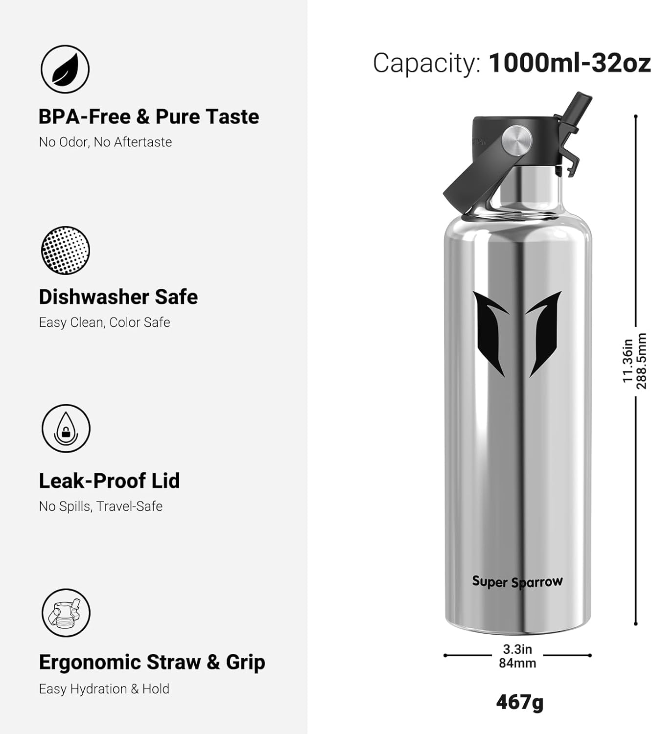 Super Sparrow Insulated Water Bottle - 17 Oz / 25 Oz / 32 Oz - Standard Mouth FlipFlow Flask - BPA Free, Leak Proof Drink Bottle- Ergonomic Straw Water Bottles for Work, Gym, Travel, Sports