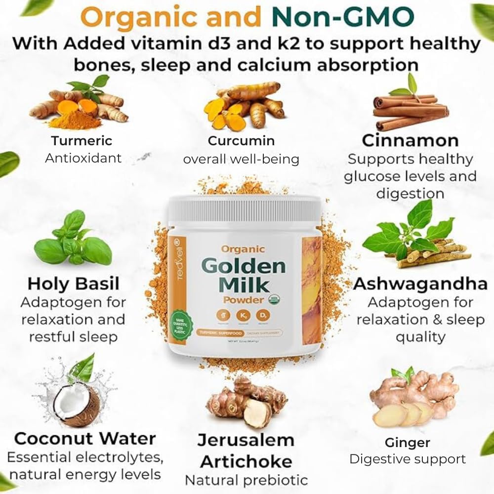 Organic Golden Milk Powder with Vitamins D3 & K2, Turmeric, Ginger, Curcumin, Cinnamon, KSM66 Ashwagandha, Holy Basil & Natural Prebiotics– Delicious Unsweetened Turmeric Tea Latte - 3 Pack