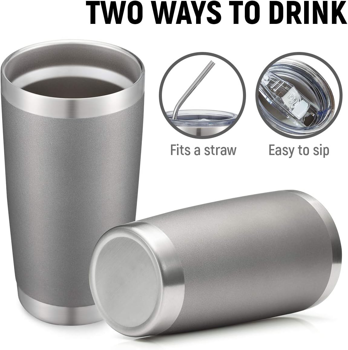 COMOOO 20oz Double Wall Vacuum Insulated Travel Mug, Stainless Steel Tumbler with Lid and Straw Durable Powder Coated Insulated Coffee Cup for Cold & Hot Drinks (Grey. 2 pack