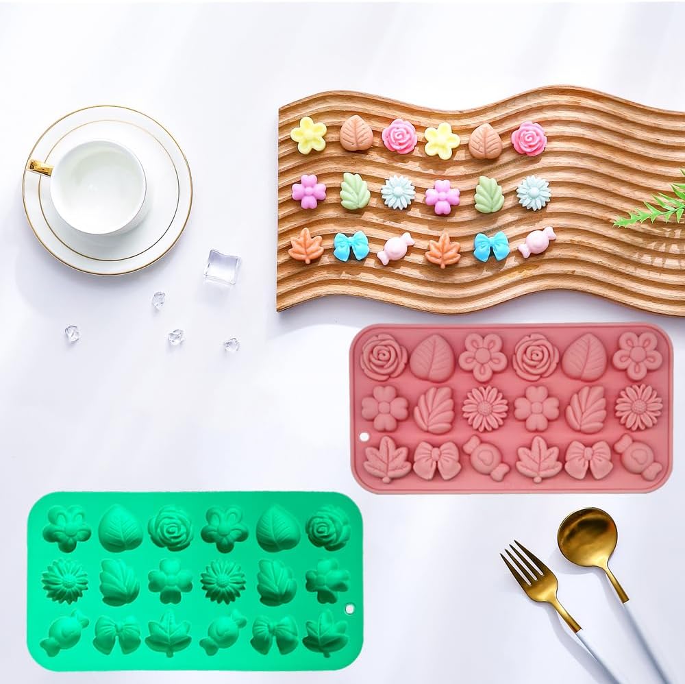 Gummy Candy Molds - 2Pcs Silicone Gummy Daisy Flower/Tulip Flower/Bow Tie/Leaf Candy Mold for Kids, Non-stick and Bpa Free for Candy Chocolate Gummy Jello Baking Soap Pudding Cookie Desserts Making