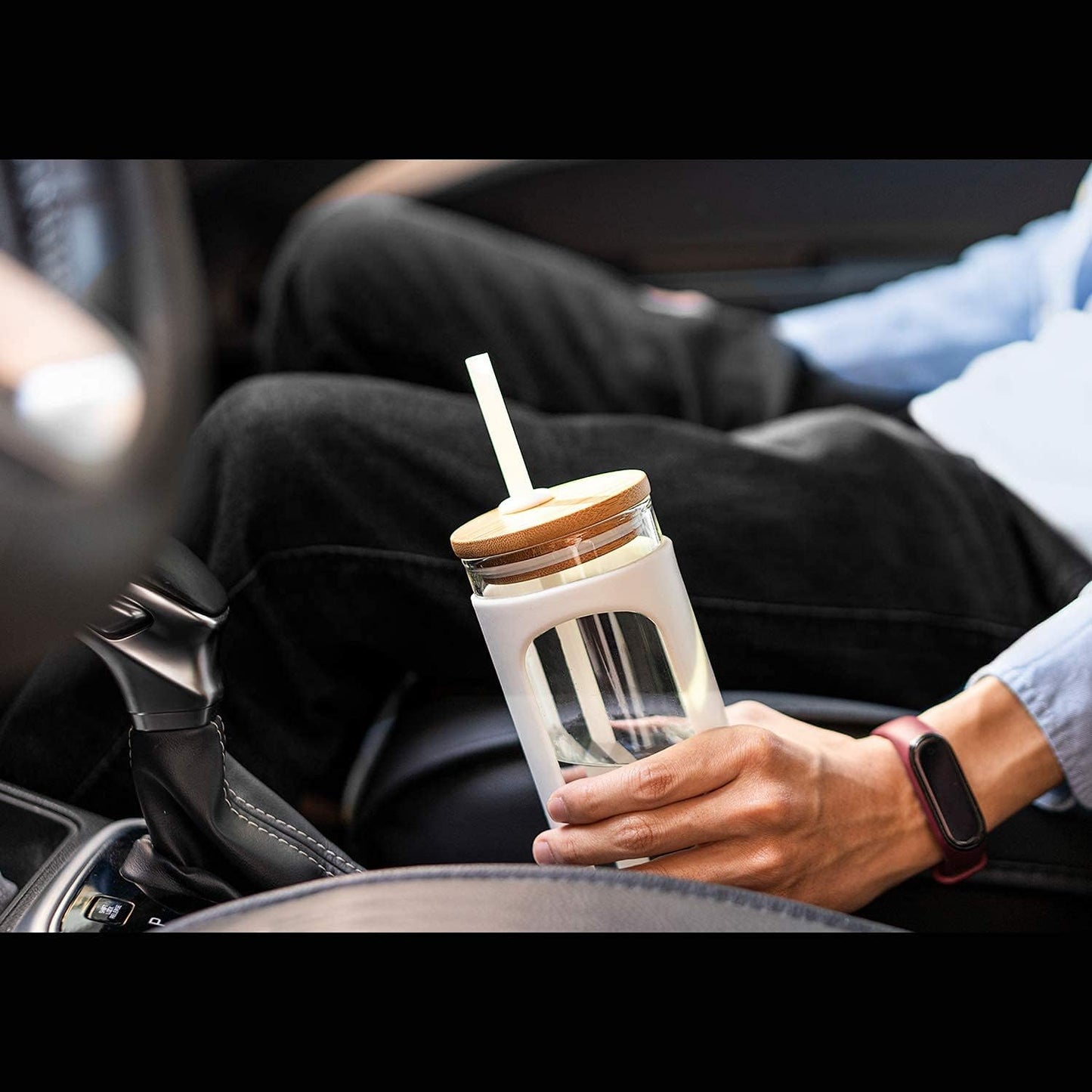 Kodrine 20oz Glass Tumbler with Straw and Lid, Bamboo Lids Water Bottle, Reusable Iced Coffee Cups, Wide Mouth Smoothie Cup with Protective Silicone Sleeve BPA FREE-Amber-2pack