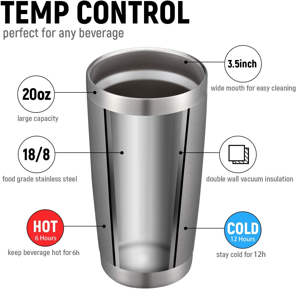COMOOO 20oz Double Wall Vacuum Insulated Travel Mug, Stainless Steel Tumbler with Lid and Straw Durable Powder Coated Insulated Coffee Cup for Cold & Hot Drinks (Grey. 2 pack