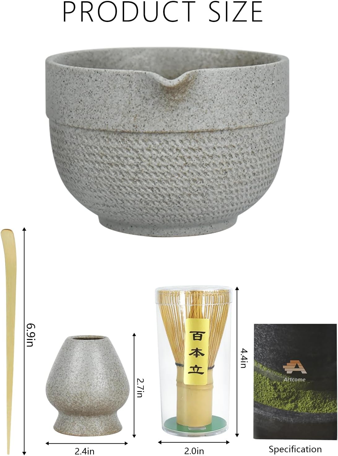 Artcome Minimalist Matcha Tea Set – 4-Piece Japanese Matcha Kit with Matte Speckled Ceramic Bowl & Spout, Bamboo Whisk, Holder, Scoop & Manual – Zen-Inspired Wabi-Sabi Tea Ceremony Gift Set