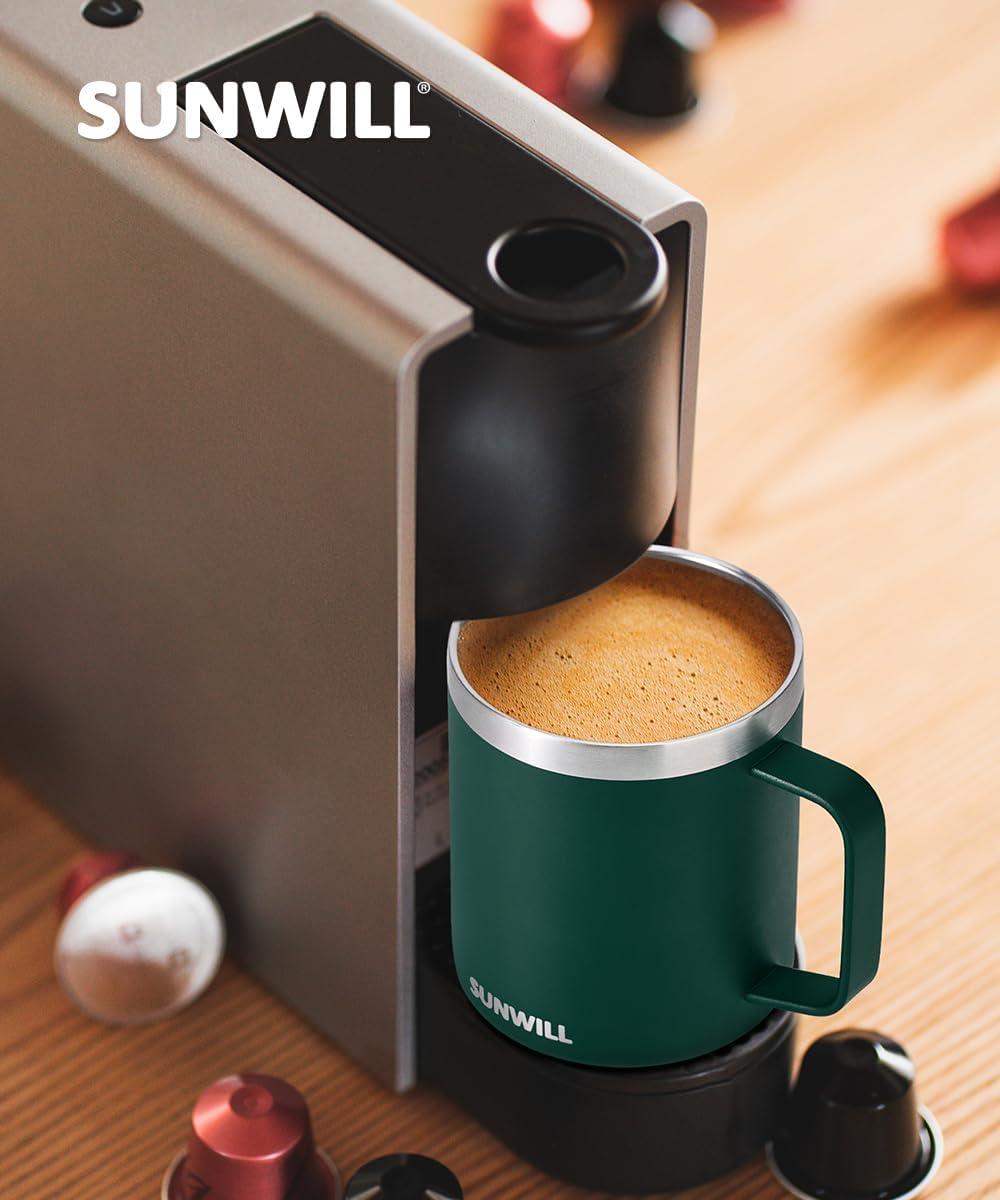 SUNWILL Travel Coffee Mug with Lid, Insulated Cup with Handle, 14 oz Stainless Steel Tumbler for Camping, Office, Outdoor, Powder Coated Forest Green
