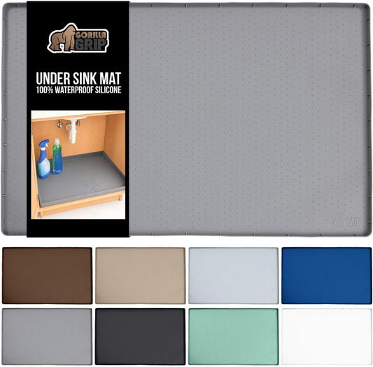 GORILLA GRIP Waterproof Silicone Under Sink Mat with Raised Lip for Kitchen and Bathroom, 31 x 22 in, Cabinet Shelf Liner Stay in Place Mats Dishwasher Safe Drawer Liner, Organizer Tray, Gray