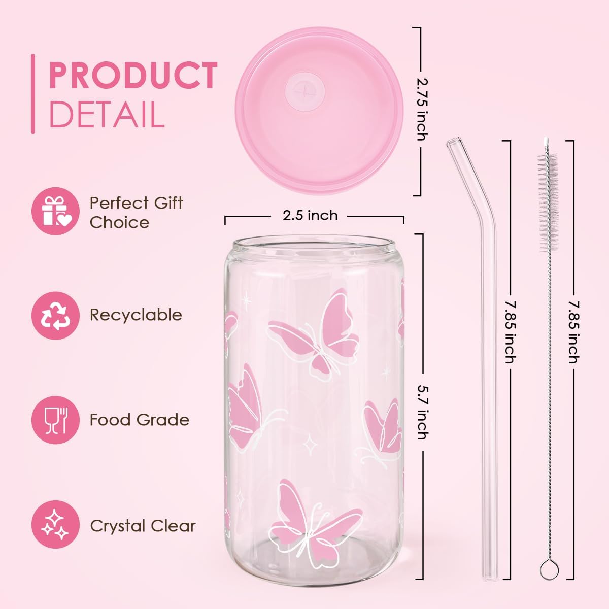 Butterfly 16 Oz Can Glass Tumbler with Acrylic Lid and Straw - Iced Coffee Cups for Women, Aesthetic Glass Cup Gift for Birthday Christmas