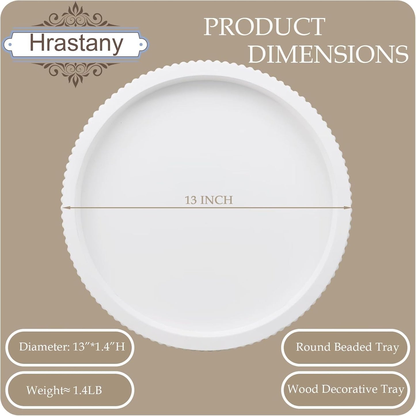 Round Wood Serving Tray with Beaded, 13” Rustic Wooden Decorative Coffee Table Tray for Centerpiece, Ottoman, Farmhouse Circle Trays for Counter, Living Room, Home Decor (White)