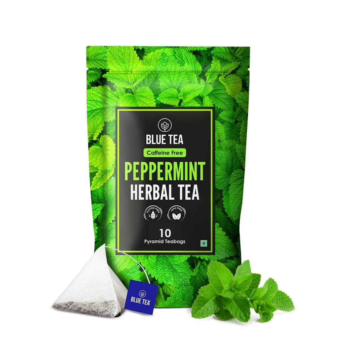 BLUE TEA - Peppermint Tea - 10 Count - Plant Based Tea Bag | SUPPORTS DIGESTION | Antioxidant Rich | Fresh & Cool Minty Flavour | Caffeine Free - Herbal Tea - Non-Bitter - Leaf Based | Ziplock Pack