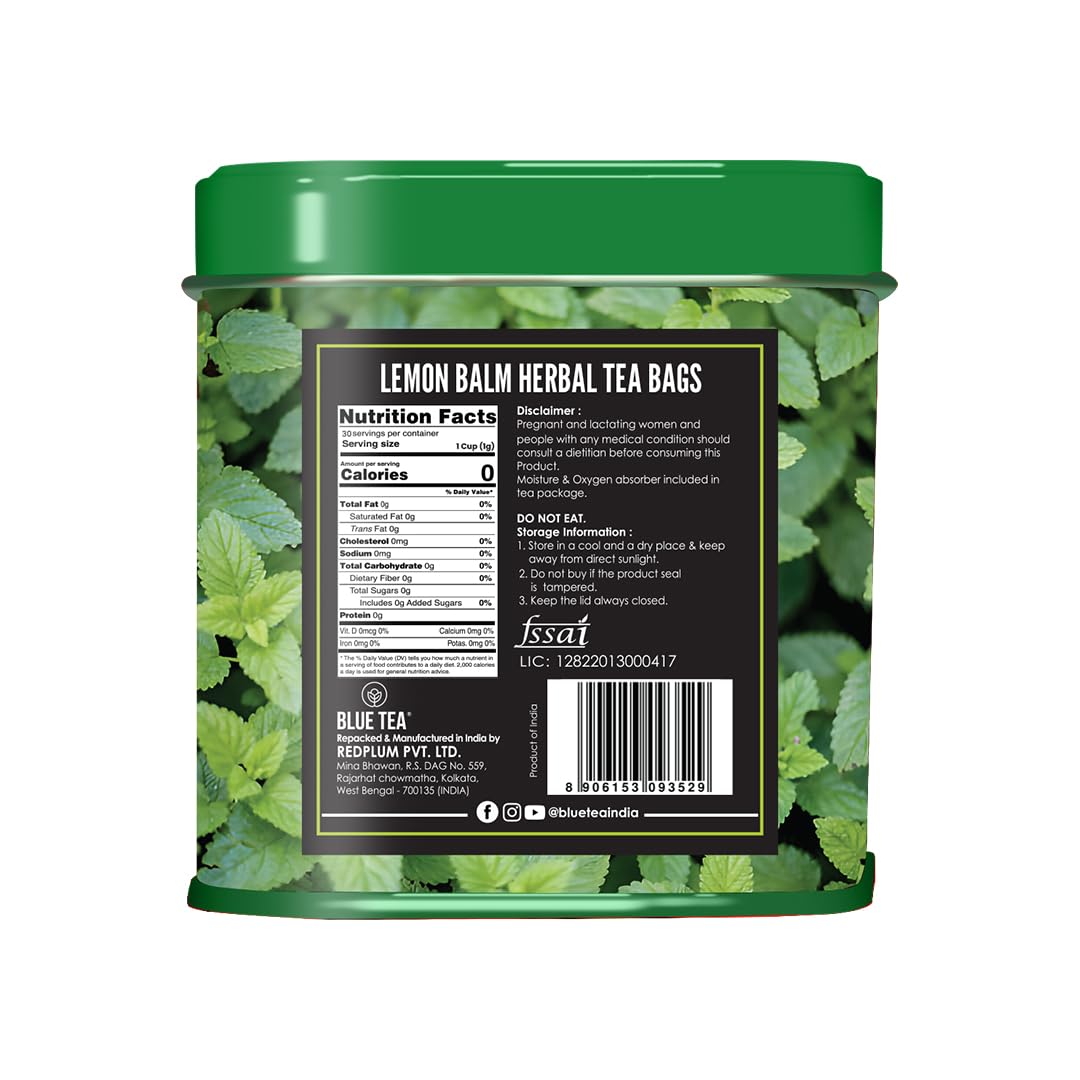 BLUE TEA - Lemon Balm Tea - 30 Count - Pyramid Plant Based Tea Bag | RELIEVES STRESS - IMPROVES DIGESTION | Reduces Bloating | Refreshing Citrus Flavour - Leaf Based - Caffeine Free | Tin Pack